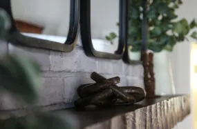 Close up of a mantle with mirror, small plant and wooden beams